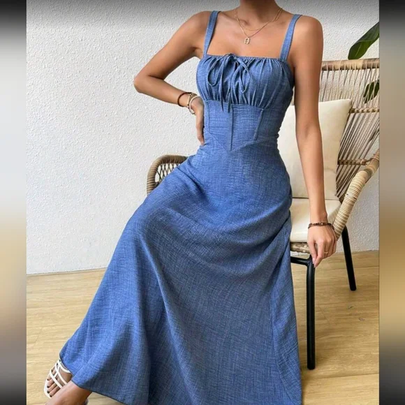 Pleated Bust Tie Strap Cami Dress Maxi Vacation Beach Outfits Women - Picture 5 of 5